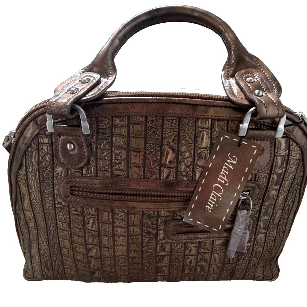 Madi Claire Metallic Bronze Croc Embossed Satchel Zip Shoulder Strap Pockets